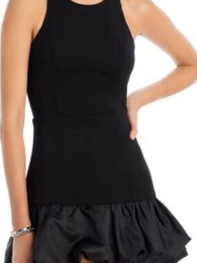 Aqua Black Sleeveless Mini Dress with Satin Ruffle Hem